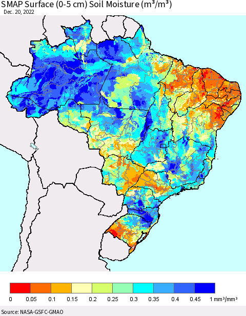 Brazil SMAP Surface (0-5 cm) Soil Moisture (m³/m³) Thematic Map For 12/16/2022 - 12/20/2022