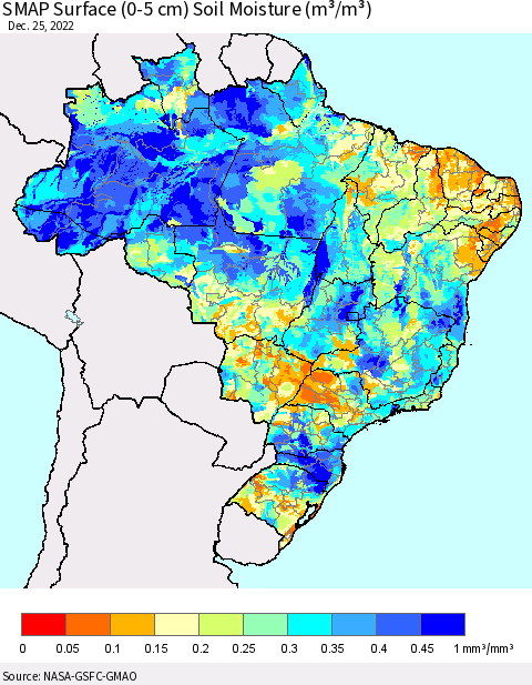 Brazil SMAP Surface (0-5 cm) Soil Moisture (m³/m³) Thematic Map For 12/21/2022 - 12/25/2022