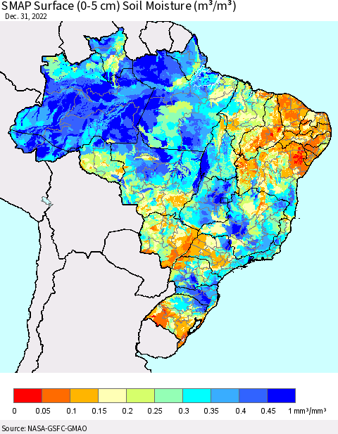 Brazil SMAP Surface (0-5 cm) Soil Moisture (m³/m³) Thematic Map For 12/26/2022 - 12/31/2022