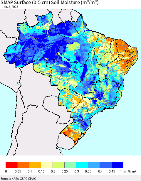 Brazil SMAP Surface (0-5 cm) Soil Moisture (m³/m³) Thematic Map For 1/1/2023 - 1/5/2023