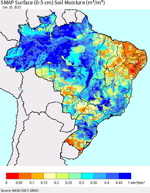 Brazil SMAP Surface (0-5 cm) Soil Moisture (m³/m³) Thematic Map For 1/6/2023 - 1/10/2023