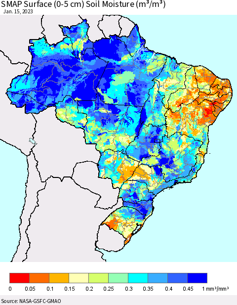 Brazil SMAP Surface (0-5 cm) Soil Moisture (m³/m³) Thematic Map For 1/11/2023 - 1/15/2023