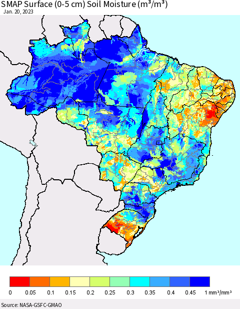 Brazil SMAP Surface (0-5 cm) Soil Moisture (m³/m³) Thematic Map For 1/16/2023 - 1/20/2023
