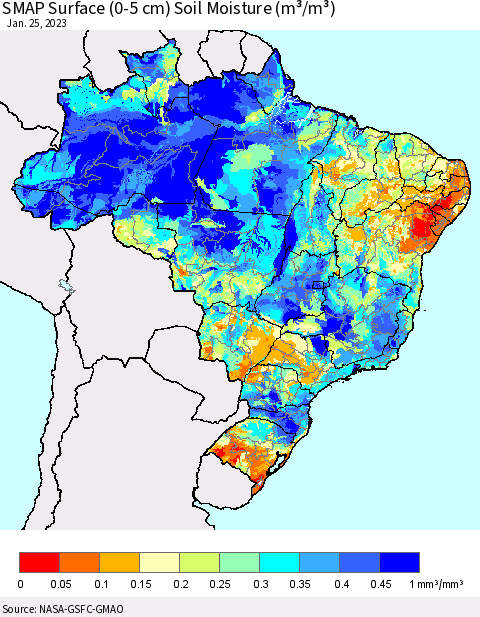Brazil SMAP Surface (0-5 cm) Soil Moisture (m³/m³) Thematic Map For 1/21/2023 - 1/25/2023