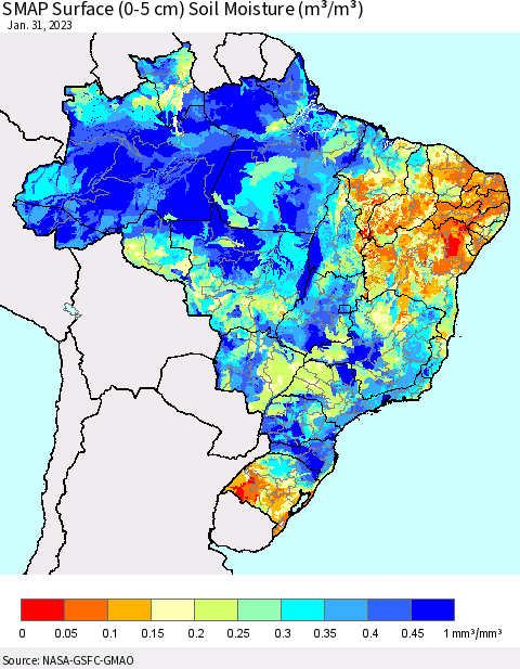 Brazil SMAP Surface (0-5 cm) Soil Moisture (m³/m³) Thematic Map For 1/26/2023 - 1/31/2023