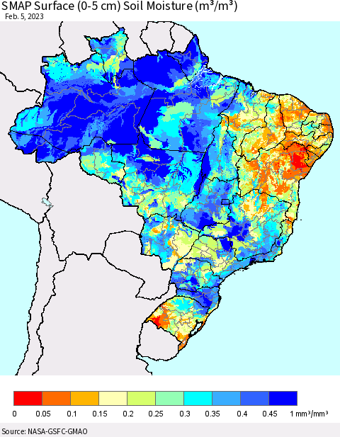 Brazil SMAP Surface (0-5 cm) Soil Moisture (m³/m³) Thematic Map For 2/1/2023 - 2/5/2023