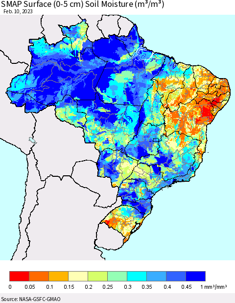 Brazil SMAP Surface (0-5 cm) Soil Moisture (m³/m³) Thematic Map For 2/6/2023 - 2/10/2023