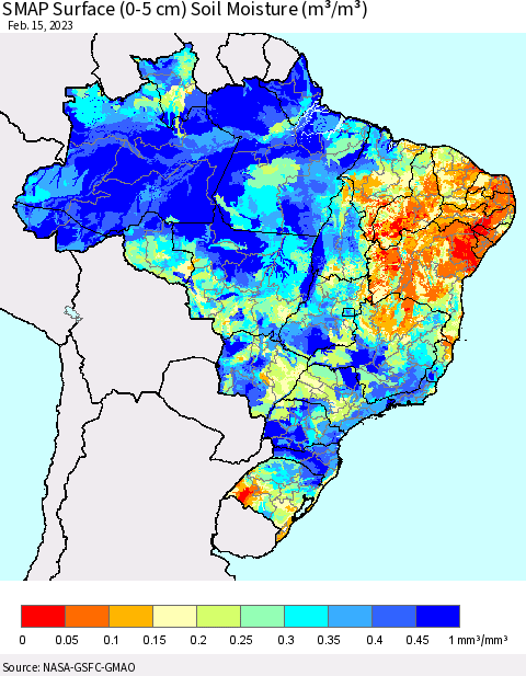 Brazil SMAP Surface (0-5 cm) Soil Moisture (m³/m³) Thematic Map For 2/11/2023 - 2/15/2023