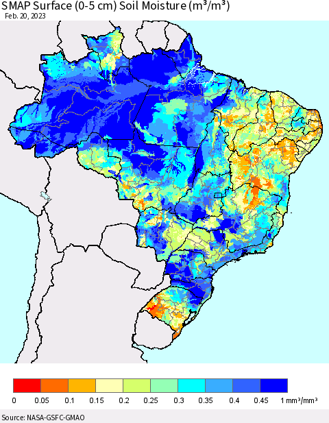 Brazil SMAP Surface (0-5 cm) Soil Moisture (m³/m³) Thematic Map For 2/16/2023 - 2/20/2023