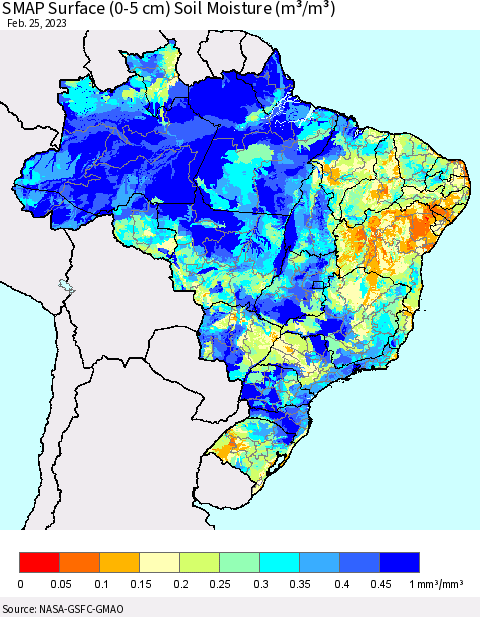 Brazil SMAP Surface (0-5 cm) Soil Moisture (m³/m³) Thematic Map For 2/21/2023 - 2/25/2023