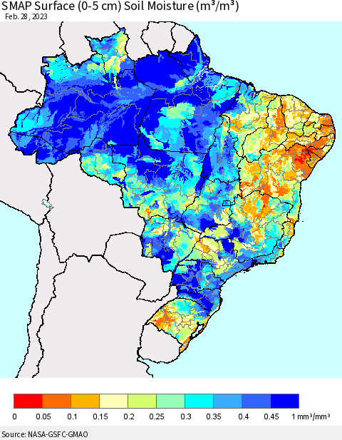 Brazil SMAP Surface (0-5 cm) Soil Moisture (m³/m³) Thematic Map For 2/26/2023 - 2/28/2023