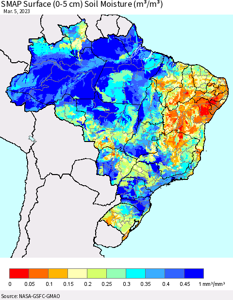 Brazil SMAP Surface (0-5 cm) Soil Moisture (m³/m³) Thematic Map For 3/1/2023 - 3/5/2023
