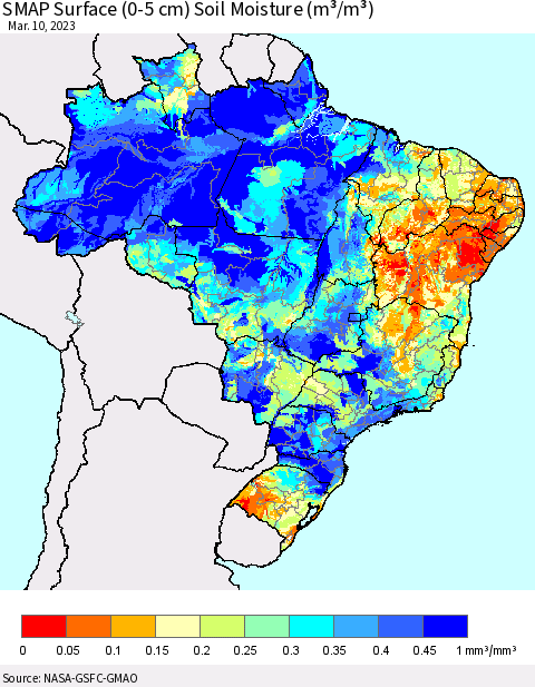 Brazil SMAP Surface (0-5 cm) Soil Moisture (m³/m³) Thematic Map For 3/6/2023 - 3/10/2023