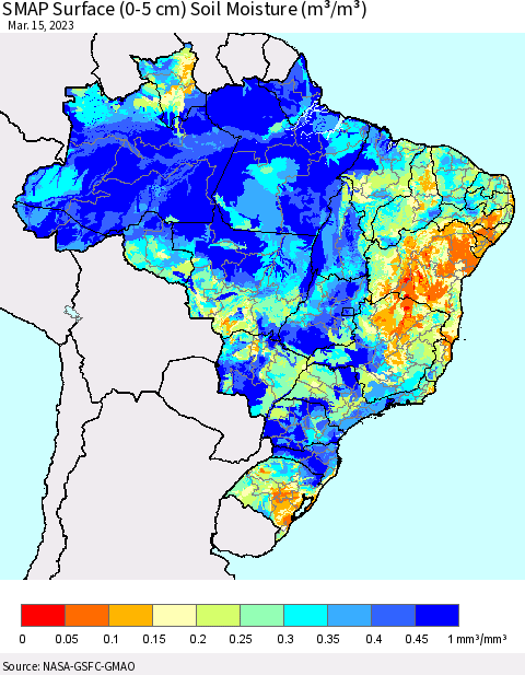 Brazil SMAP Surface (0-5 cm) Soil Moisture (m³/m³) Thematic Map For 3/11/2023 - 3/15/2023