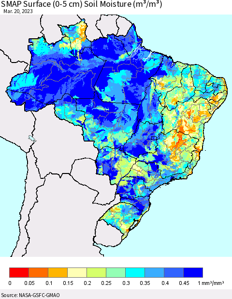 Brazil SMAP Surface (0-5 cm) Soil Moisture (m³/m³) Thematic Map For 3/16/2023 - 3/20/2023
