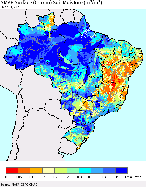 Brazil SMAP Surface (0-5 cm) Soil Moisture (m³/m³) Thematic Map For 3/26/2023 - 3/31/2023