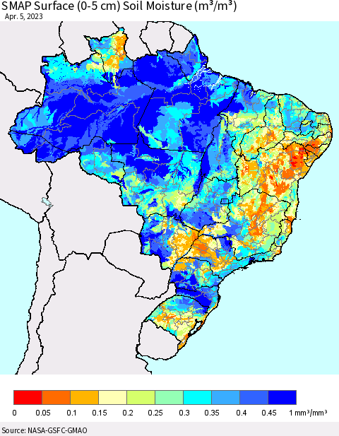 Brazil SMAP Surface (0-5 cm) Soil Moisture (m³/m³) Thematic Map For 4/1/2023 - 4/5/2023