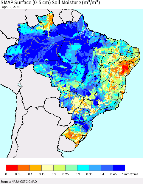 Brazil SMAP Surface (0-5 cm) Soil Moisture (m³/m³) Thematic Map For 4/6/2023 - 4/10/2023