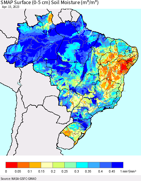 Brazil SMAP Surface (0-5 cm) Soil Moisture (m³/m³) Thematic Map For 4/11/2023 - 4/15/2023