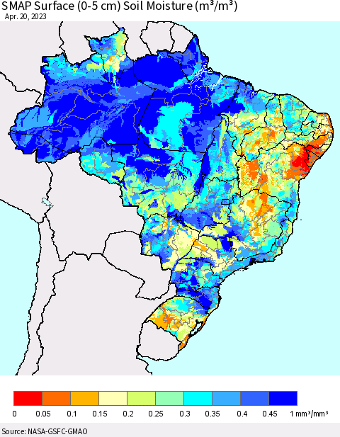 Brazil SMAP Surface (0-5 cm) Soil Moisture (m³/m³) Thematic Map For 4/16/2023 - 4/20/2023