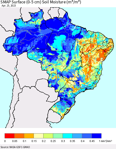 Brazil SMAP Surface (0-5 cm) Soil Moisture (m³/m³) Thematic Map For 4/21/2023 - 4/25/2023