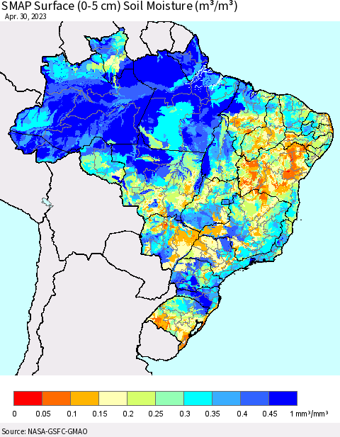 Brazil SMAP Surface (0-5 cm) Soil Moisture (m³/m³) Thematic Map For 4/26/2023 - 4/30/2023