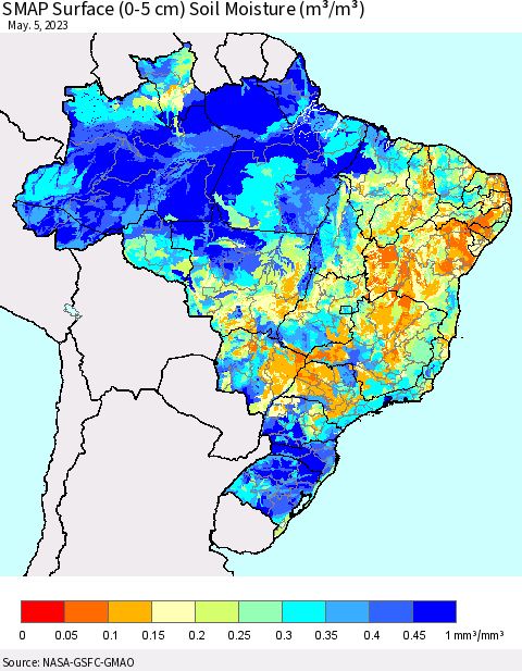 Brazil SMAP Surface (0-5 cm) Soil Moisture (m³/m³) Thematic Map For 5/1/2023 - 5/5/2023