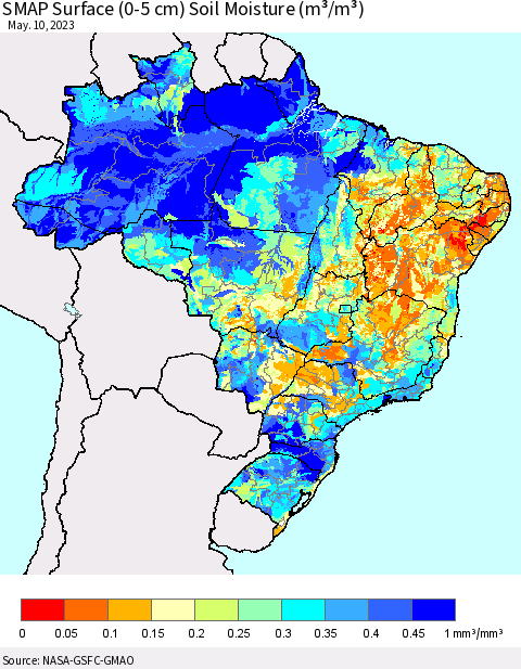 Brazil SMAP Surface (0-5 cm) Soil Moisture (m³/m³) Thematic Map For 5/6/2023 - 5/10/2023