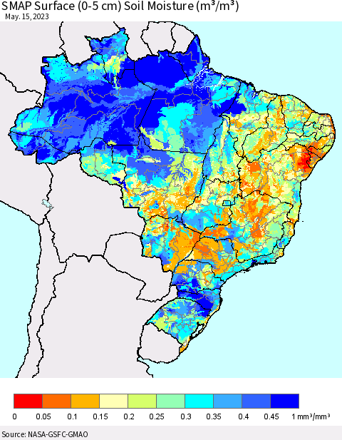 Brazil SMAP Surface (0-5 cm) Soil Moisture (m³/m³) Thematic Map For 5/11/2023 - 5/15/2023