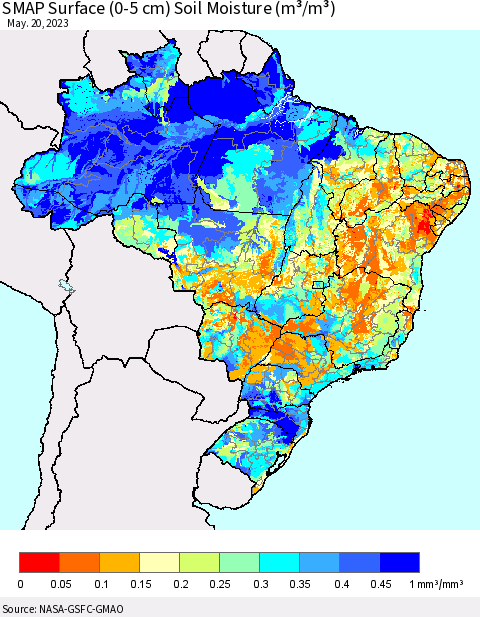 Brazil SMAP Surface (0-5 cm) Soil Moisture (m³/m³) Thematic Map For 5/16/2023 - 5/20/2023