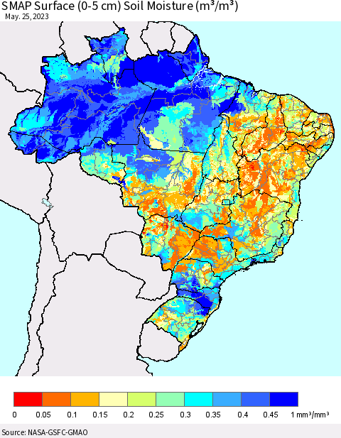 Brazil SMAP Surface (0-5 cm) Soil Moisture (m³/m³) Thematic Map For 5/21/2023 - 5/25/2023