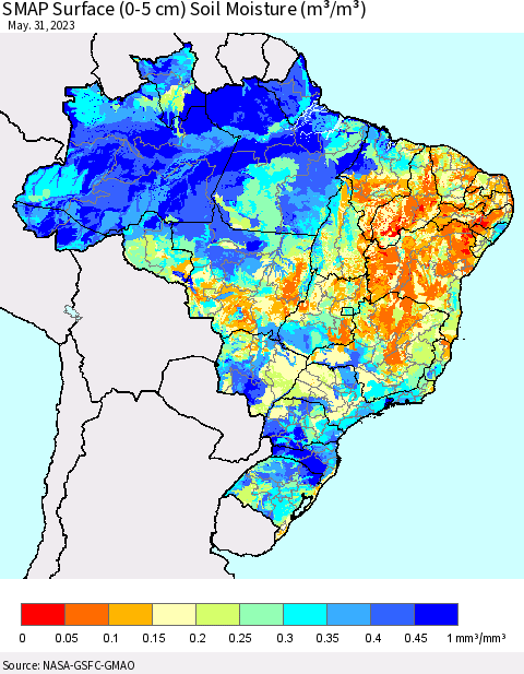 Brazil SMAP Surface (0-5 cm) Soil Moisture (m³/m³) Thematic Map For 5/26/2023 - 5/31/2023