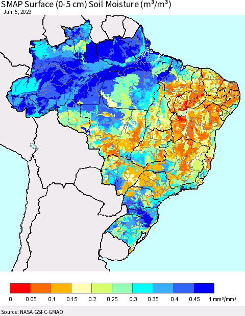 Brazil SMAP Surface (0-5 cm) Soil Moisture (m³/m³) Thematic Map For 6/1/2023 - 6/5/2023