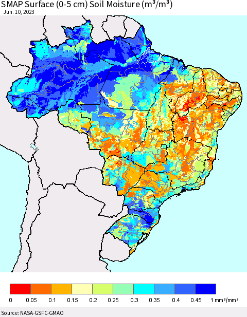 Brazil SMAP Surface (0-5 cm) Soil Moisture (m³/m³) Thematic Map For 6/6/2023 - 6/10/2023