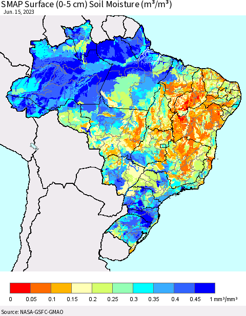 Brazil SMAP Surface (0-5 cm) Soil Moisture (m³/m³) Thematic Map For 6/11/2023 - 6/15/2023