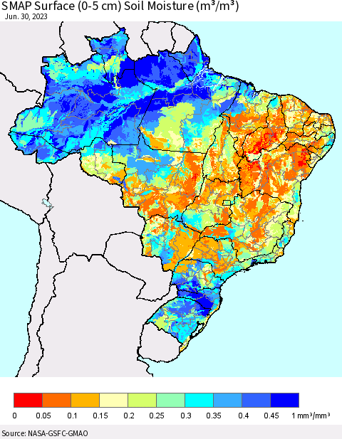 Brazil SMAP Surface (0-5 cm) Soil Moisture (m³/m³) Thematic Map For 6/26/2023 - 6/30/2023