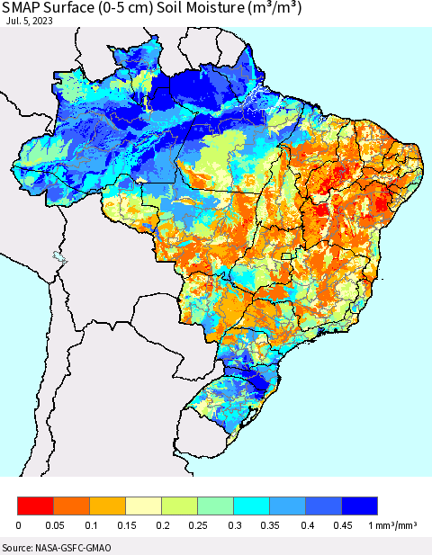 Brazil SMAP Surface (0-5 cm) Soil Moisture (m³/m³) Thematic Map For 7/1/2023 - 7/5/2023