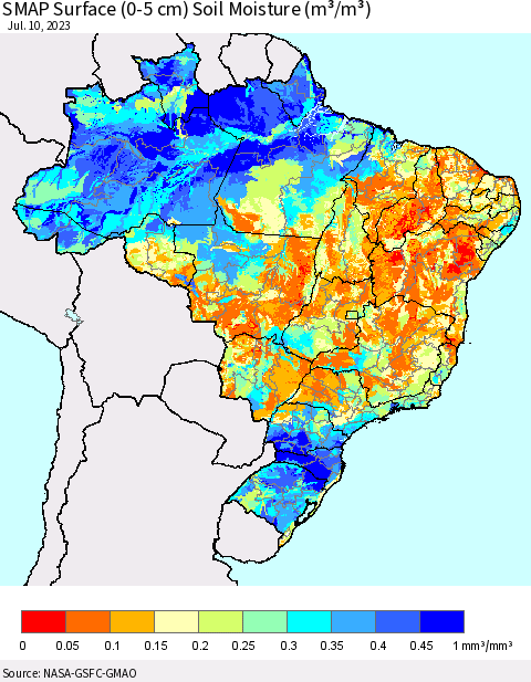 Brazil SMAP Surface (0-5 cm) Soil Moisture (m³/m³) Thematic Map For 7/6/2023 - 7/10/2023