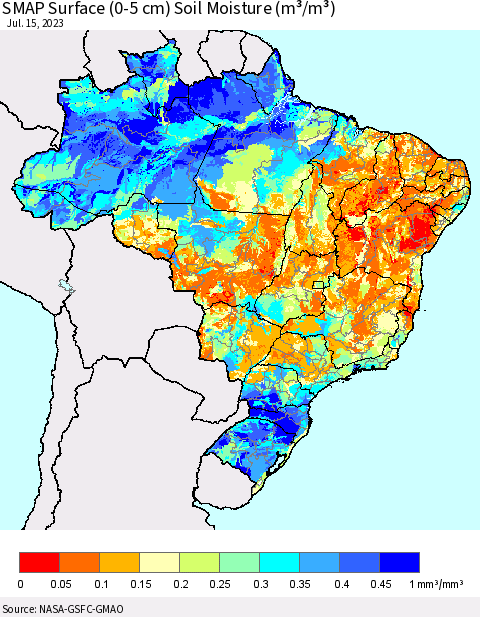 Brazil SMAP Surface (0-5 cm) Soil Moisture (m³/m³) Thematic Map For 7/11/2023 - 7/15/2023