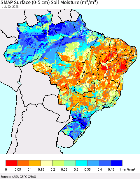 Brazil SMAP Surface (0-5 cm) Soil Moisture (m³/m³) Thematic Map For 7/16/2023 - 7/20/2023