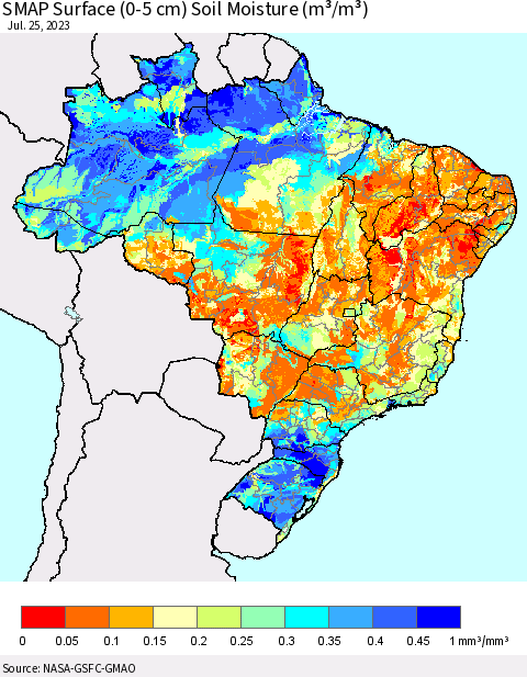 Brazil SMAP Surface (0-5 cm) Soil Moisture (m³/m³) Thematic Map For 7/21/2023 - 7/25/2023