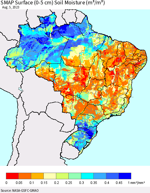 Brazil SMAP Surface (0-5 cm) Soil Moisture (m³/m³) Thematic Map For 8/1/2023 - 8/5/2023
