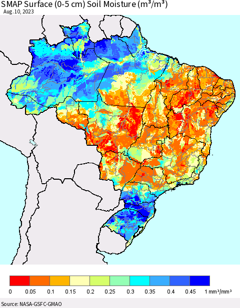 Brazil SMAP Surface (0-5 cm) Soil Moisture (m³/m³) Thematic Map For 8/6/2023 - 8/10/2023