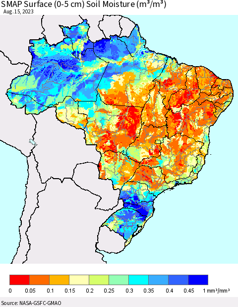 Brazil SMAP Surface (0-5 cm) Soil Moisture (m³/m³) Thematic Map For 8/11/2023 - 8/15/2023