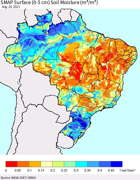 Brazil SMAP Surface (0-5 cm) Soil Moisture (m³/m³) Thematic Map For 8/16/2023 - 8/20/2023