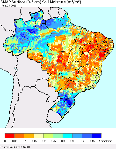 Brazil SMAP Surface (0-5 cm) Soil Moisture (m³/m³) Thematic Map For 8/21/2023 - 8/25/2023