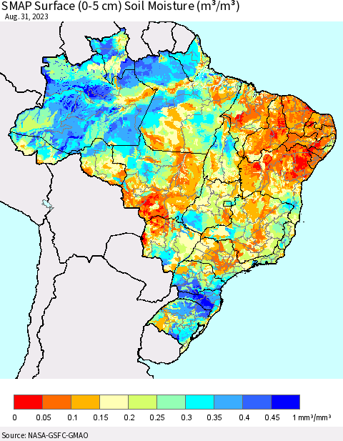 Brazil SMAP Surface (0-5 cm) Soil Moisture (m³/m³) Thematic Map For 8/26/2023 - 8/31/2023