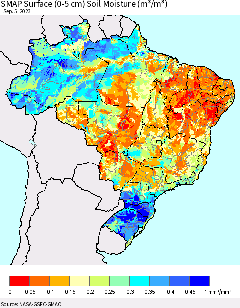 Brazil SMAP Surface (0-5 cm) Soil Moisture (m³/m³) Thematic Map For 9/1/2023 - 9/5/2023