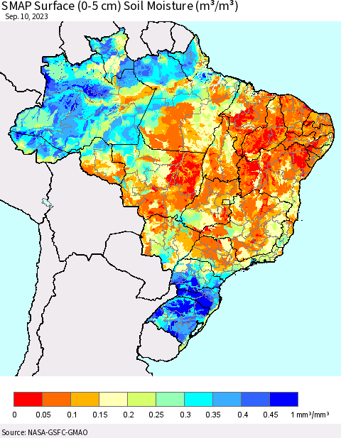 Brazil SMAP Surface (0-5 cm) Soil Moisture (m³/m³) Thematic Map For 9/6/2023 - 9/10/2023