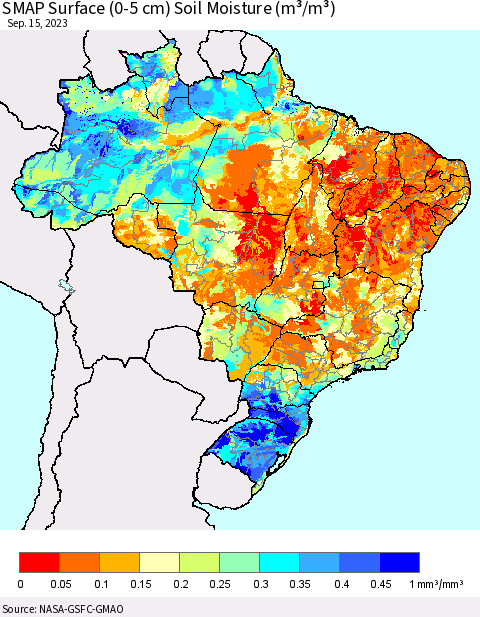 Brazil SMAP Surface (0-5 cm) Soil Moisture (m³/m³) Thematic Map For 9/11/2023 - 9/15/2023